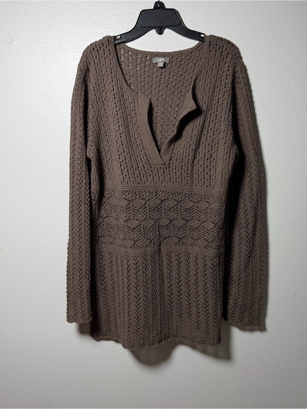 J. Jill Women Brown Tunic Boho Crochet Open-Knit V-Neck Sweater size M